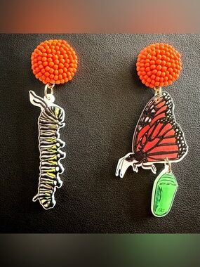 *SOLD*CaterpillarMonarchButterfly Metamorphosis Mismatched Asymmetrical Earrings